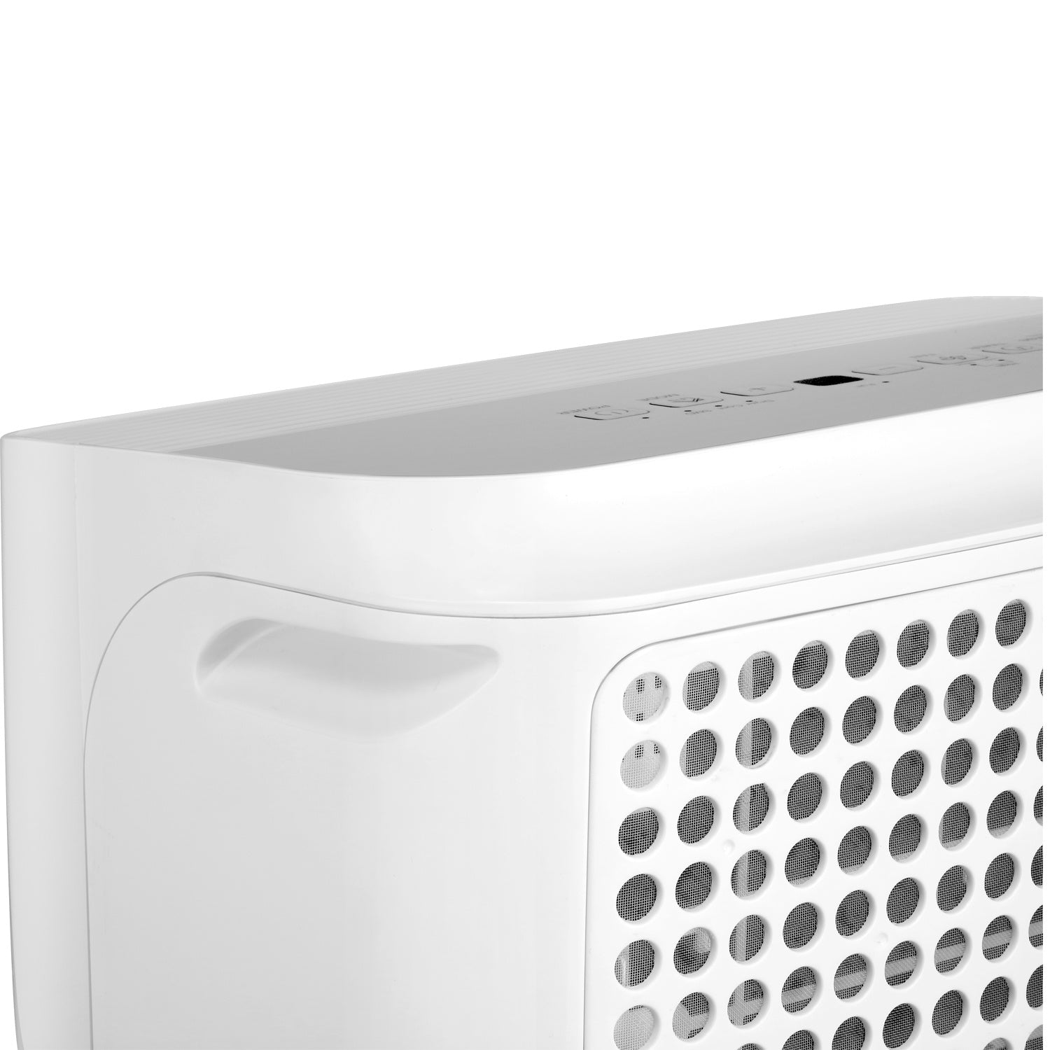Close-up of a white air purifier with round vents and control buttons on top.