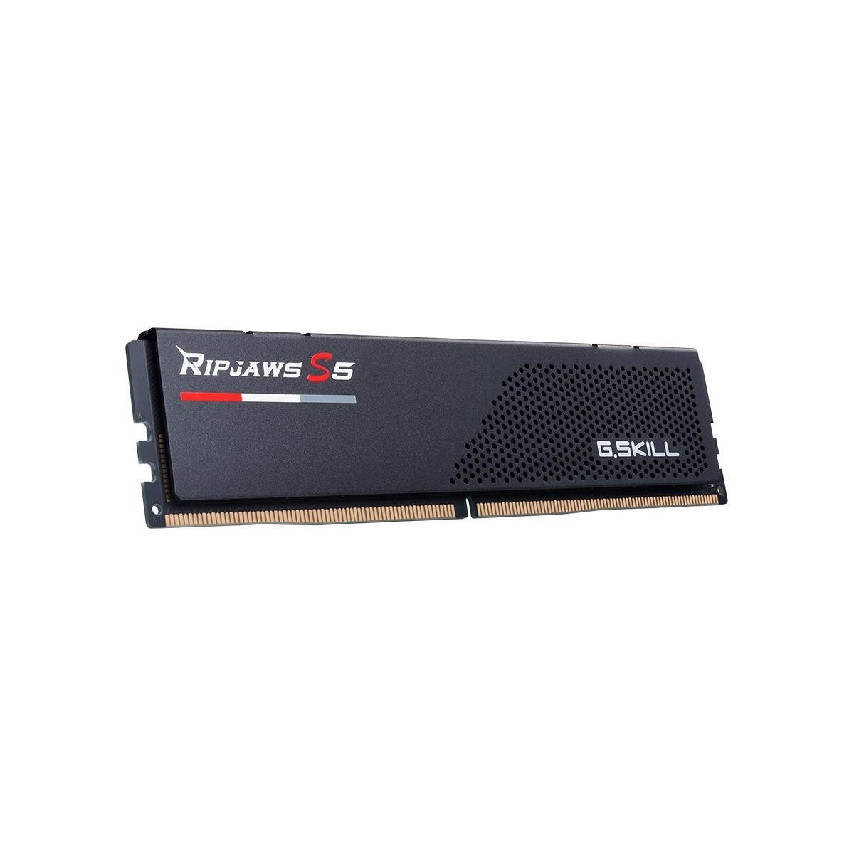 Soğutucu bloğu olan siyah G.Skill Ripjaws S5 RAM modülü beyaz zeminde gösteriliyor.