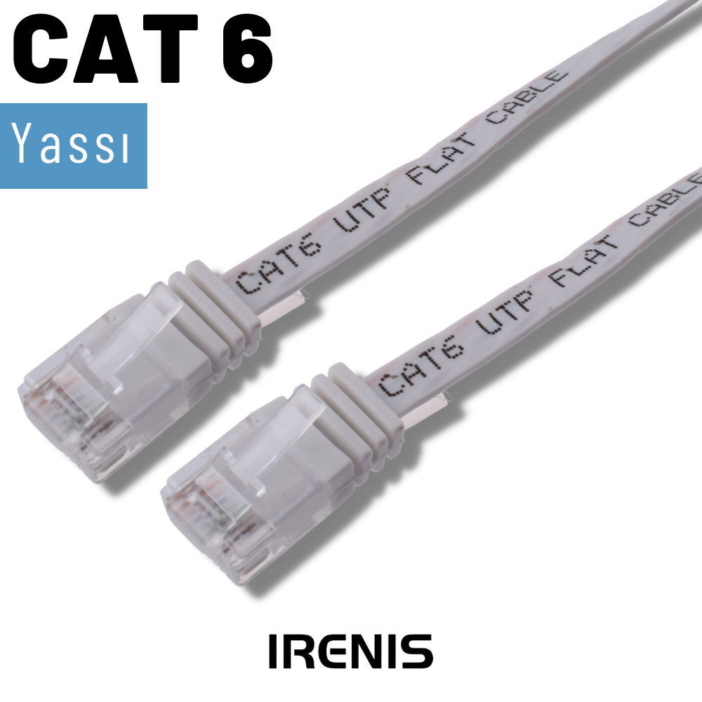 Şeffaf konektörlü iki beyaz düz CAT6 UTP kablosu yan yana duruyor.