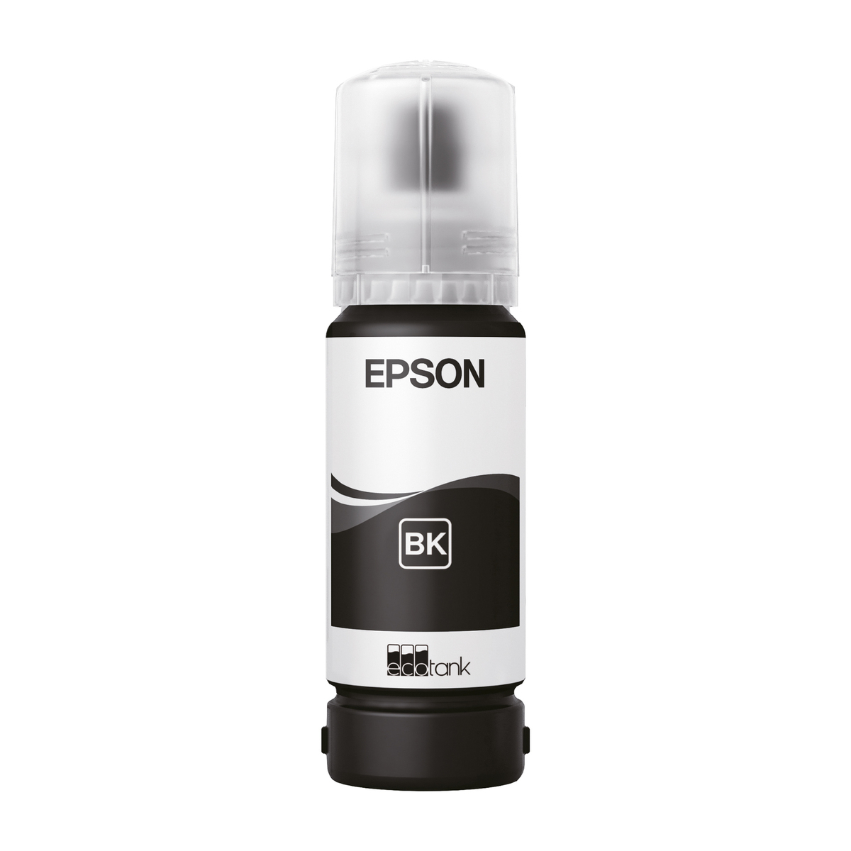 Siyah Epson EcoTank mürekkep şişesi, şeffaf kapaklı ve siyah etiketli.