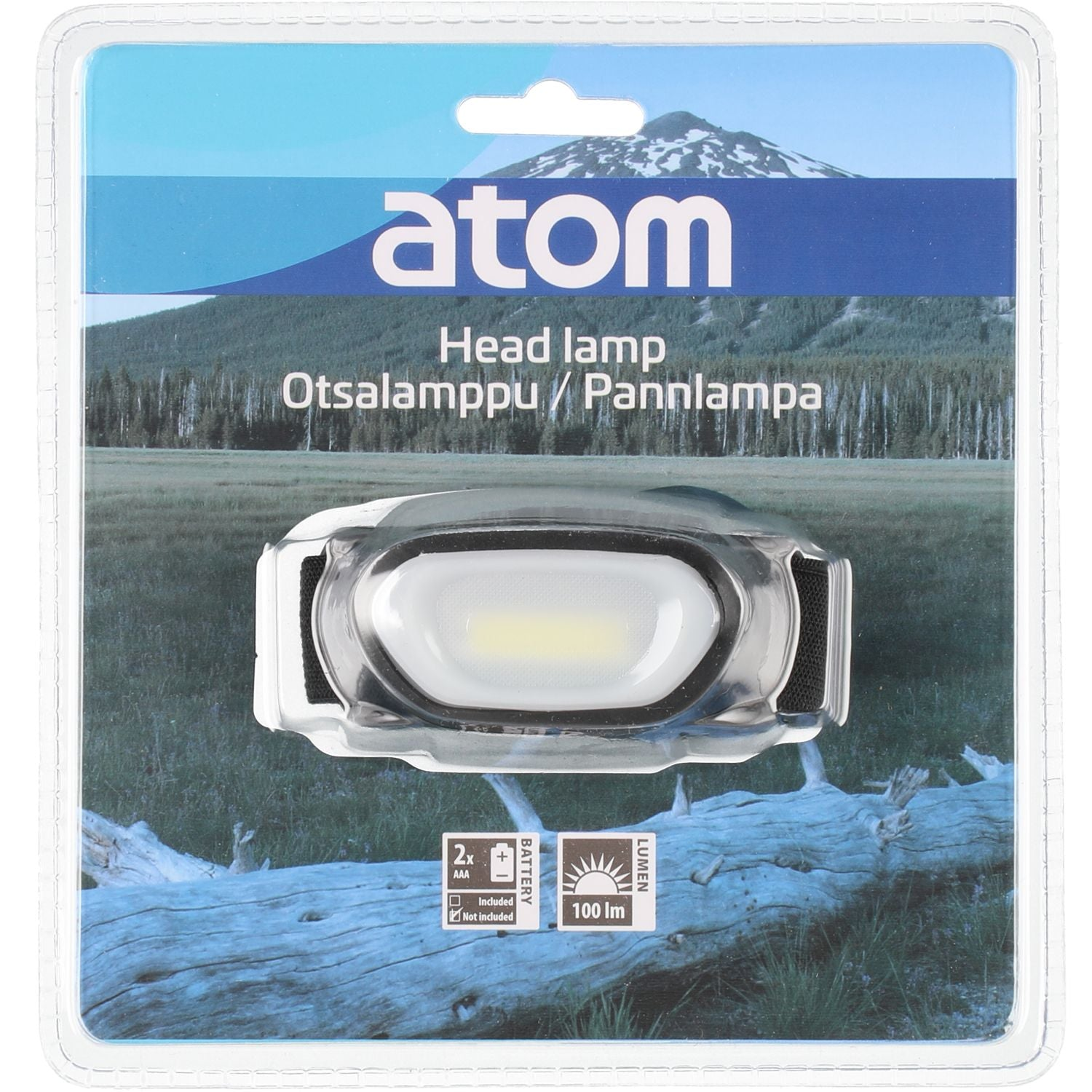 Atom hoofdlamp in verpakking, met landschap achtergrond en specificaties.
