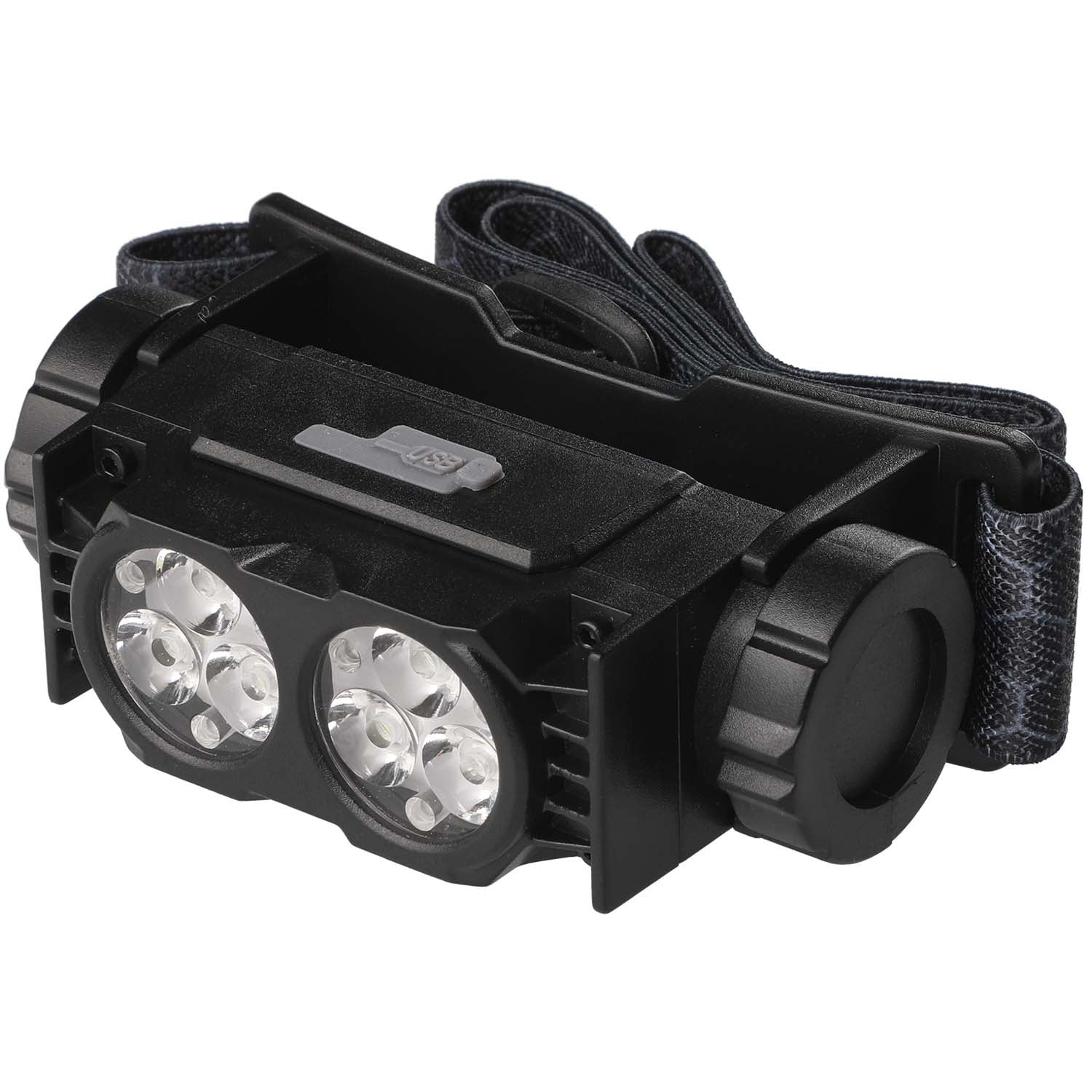 Black headlamp with multiple LEDs, adjustable strap, and USB port. Close-up view.