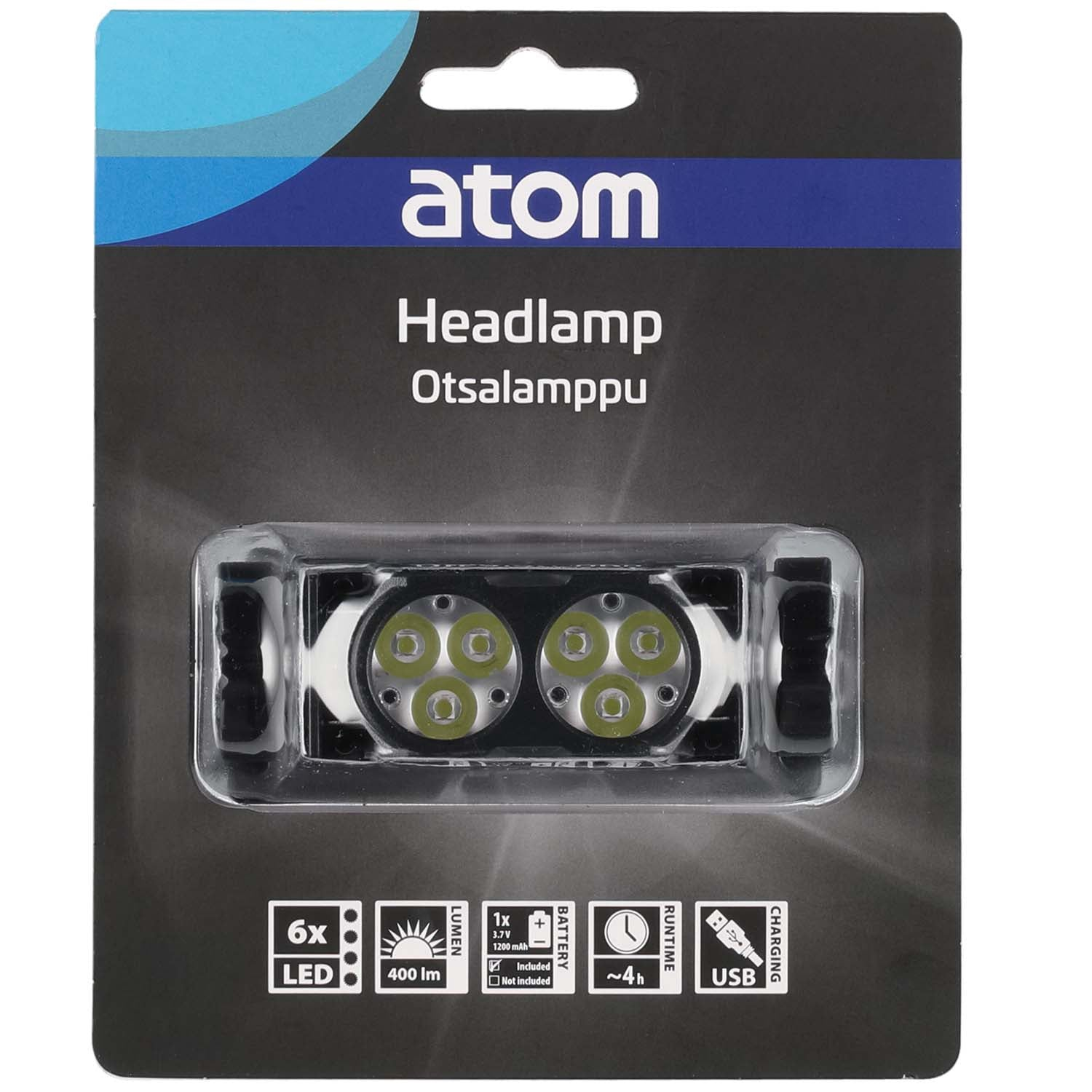 Atom Headlamp with 6 LEDs, 400 lumens, 4h runtime, USB charging.