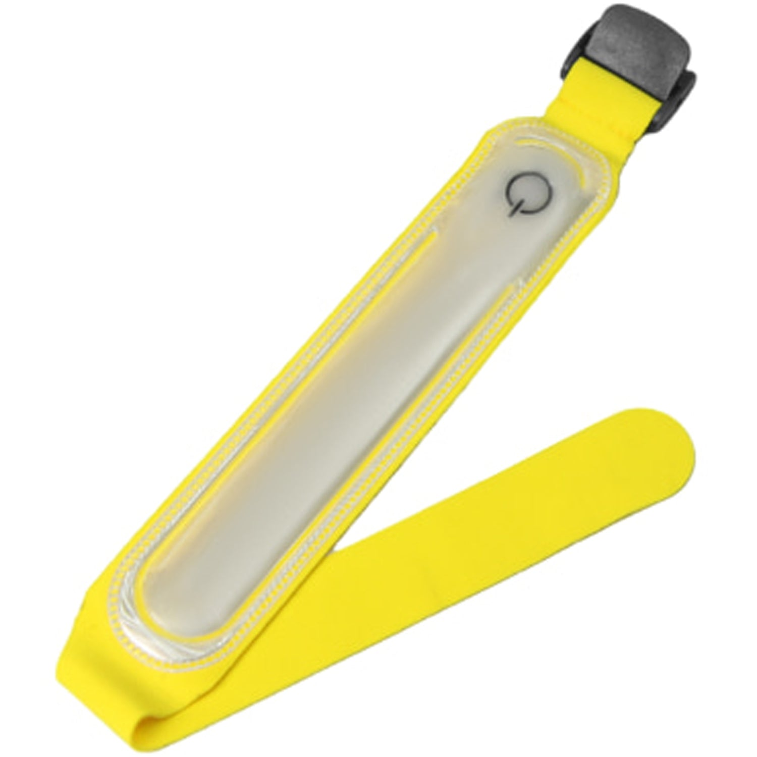 Een felgeleid reflecterende polsband met een doorzichtig plastic vakje en aan/uit symbool.