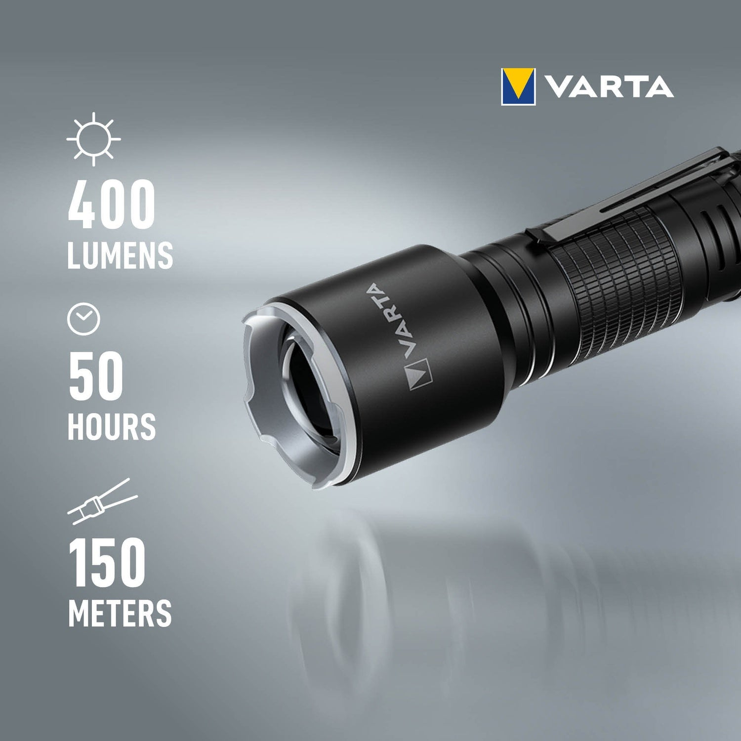 Zwarte Varta zaklamp: 400 lumen, 50 uur brandtijd, 150m bereik.