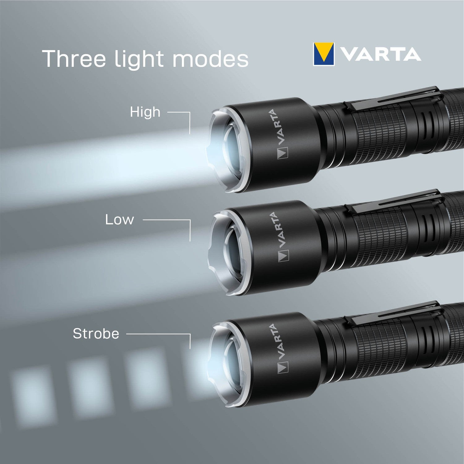Drie Varta zaklampen tonen de Hoge, Lage en Stroboscoop modi.