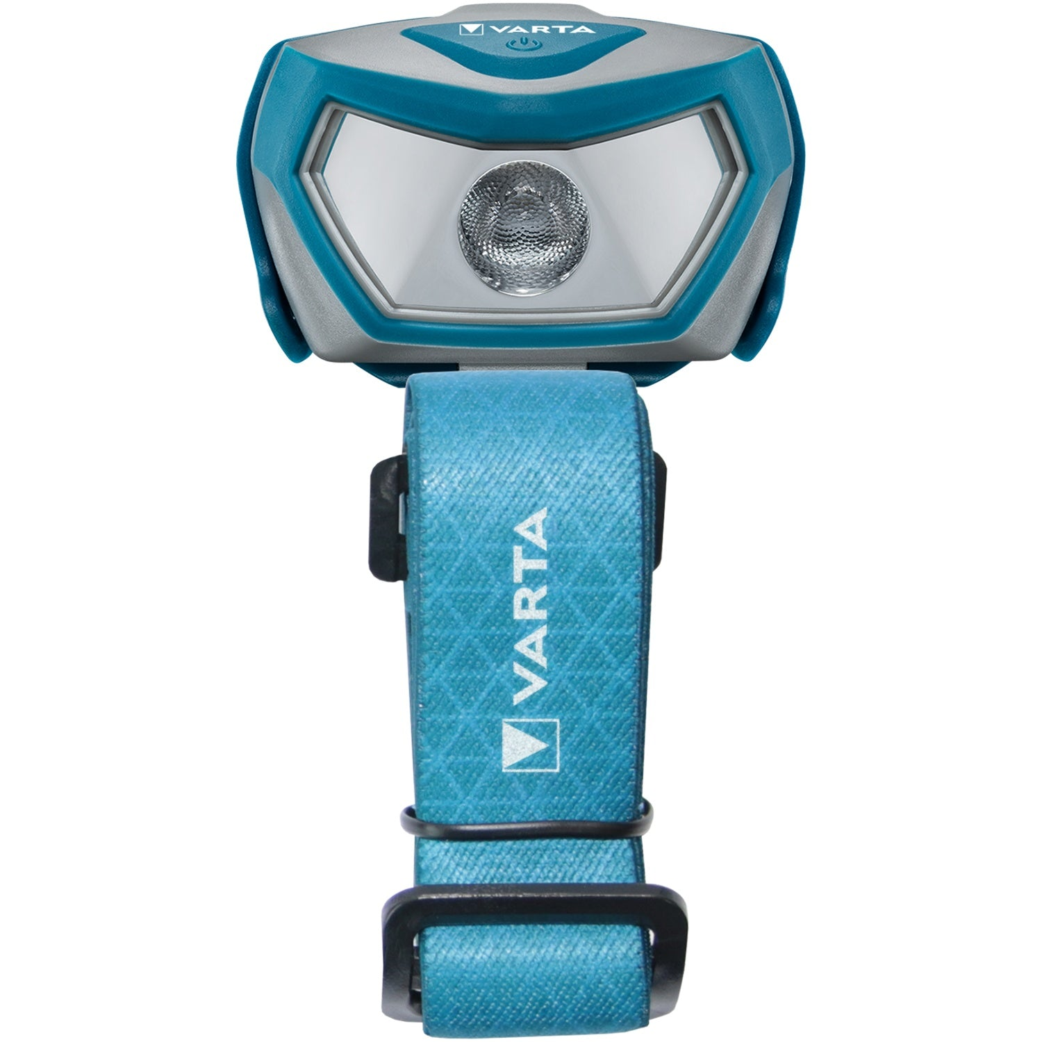 A blue and silver Varta headlamp with an adjustable strap.
