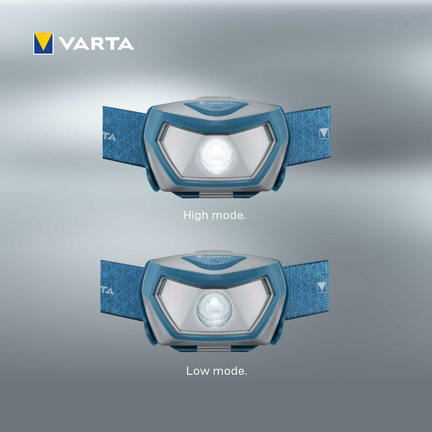 Two Varta headlamps, one in high mode and one in low mode.