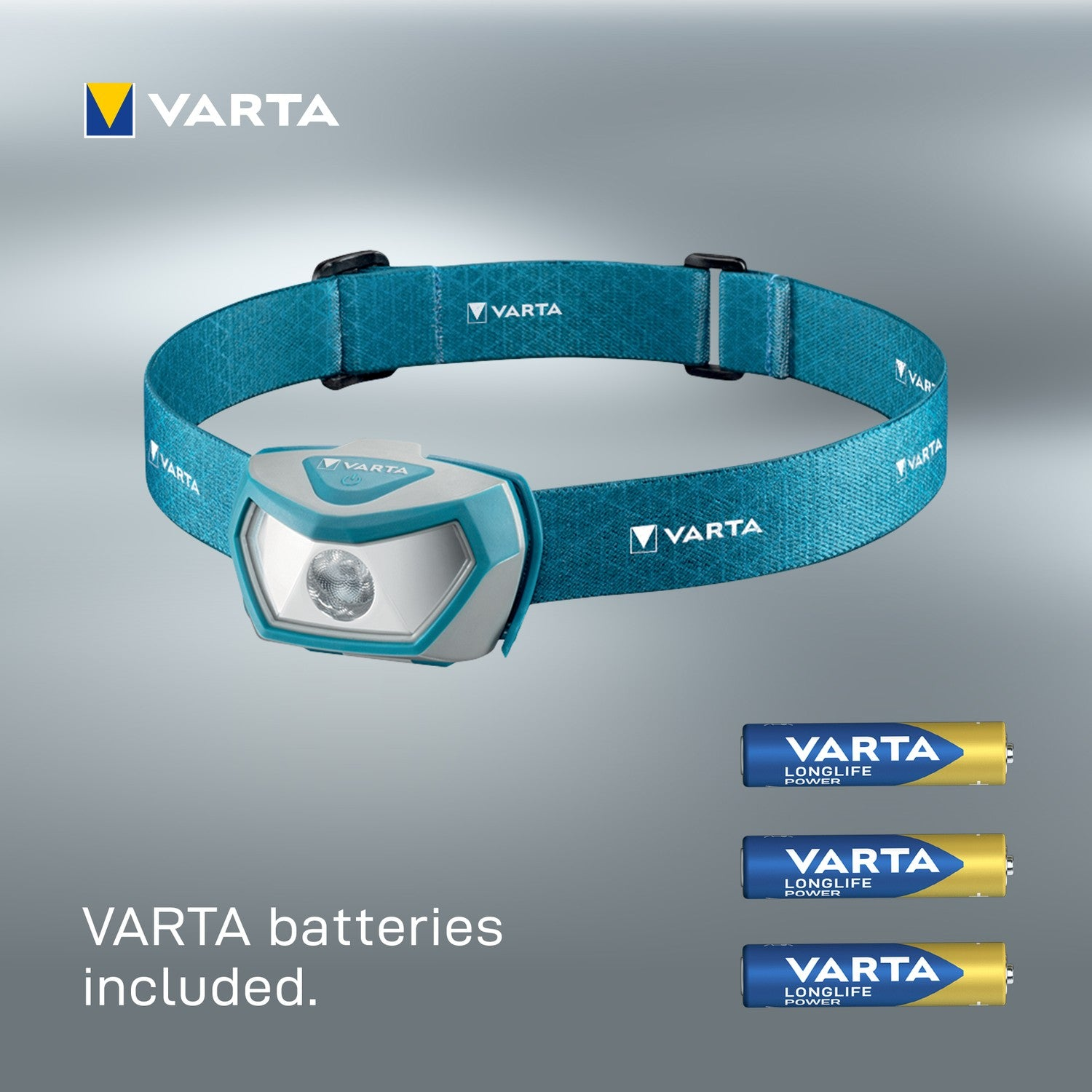 A blue VARTA headlamp with three VARTA batteries.