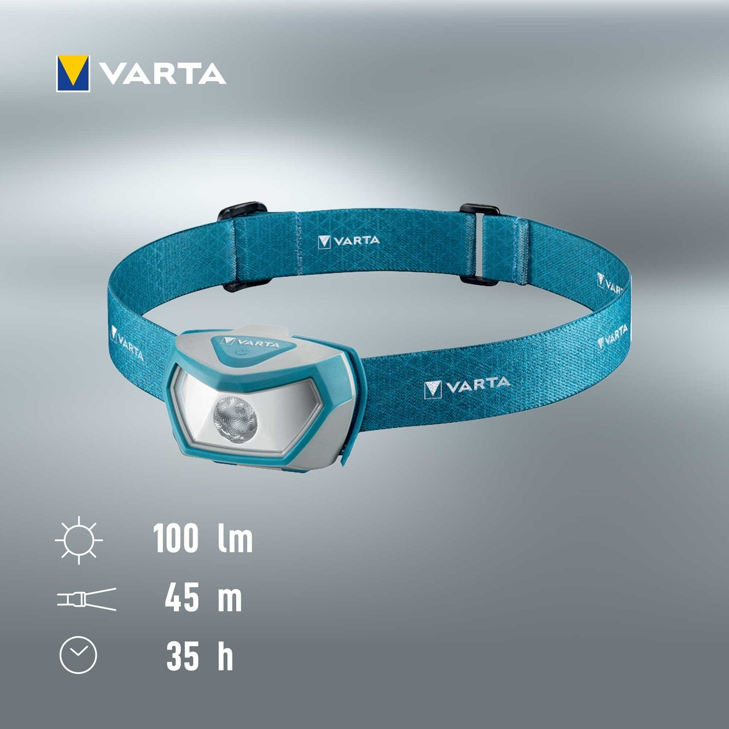 Varta headlamp: 100lm, 45m beam, 35h runtime. Blue strap.