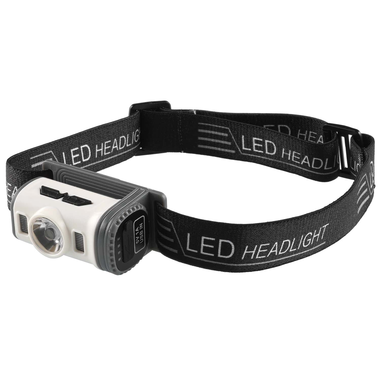 Een witte en grijze LED-hoofdlamp met een zwart bandje met de tekst "LED HEADLIGHT".