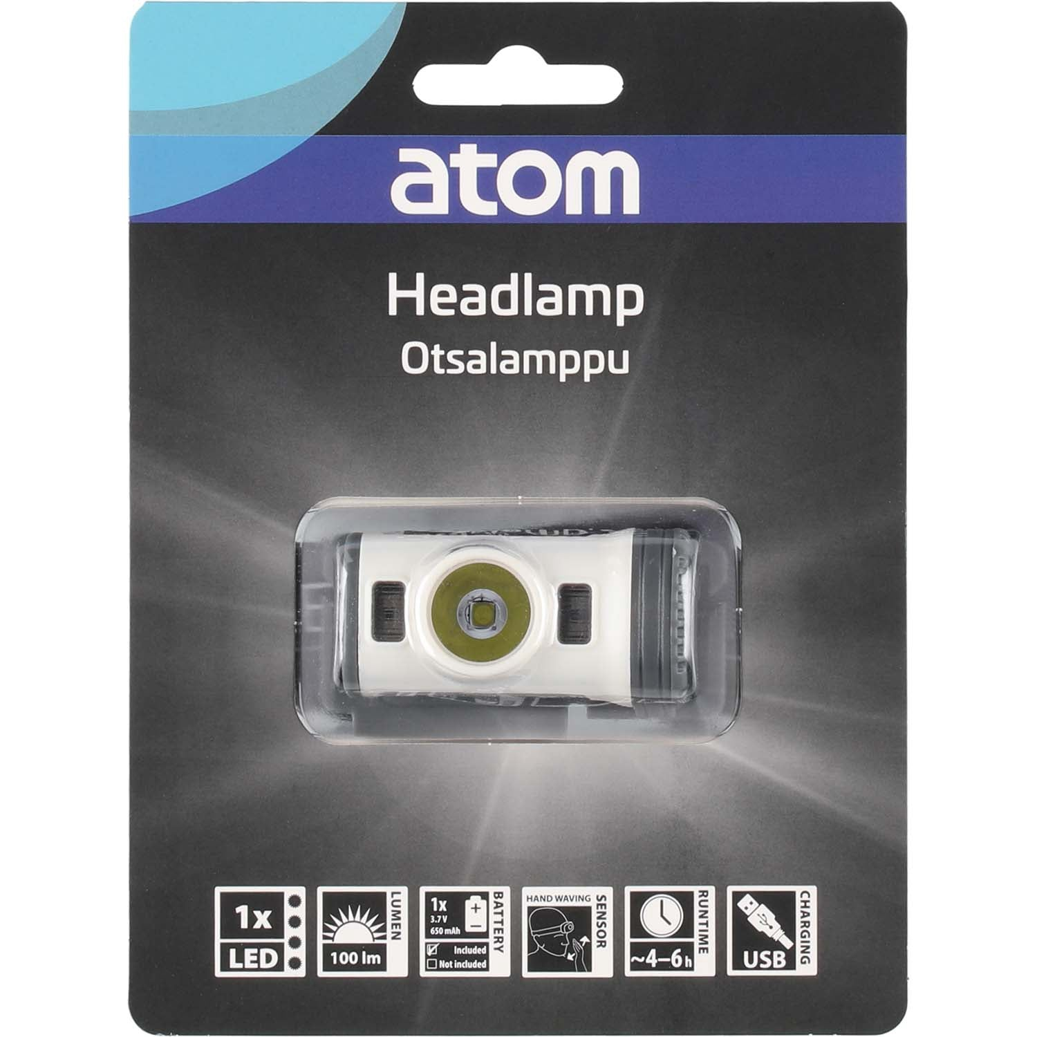 Atom hoofdlamp met LED, 100 lumen, USB-opladen en hand-sensor.