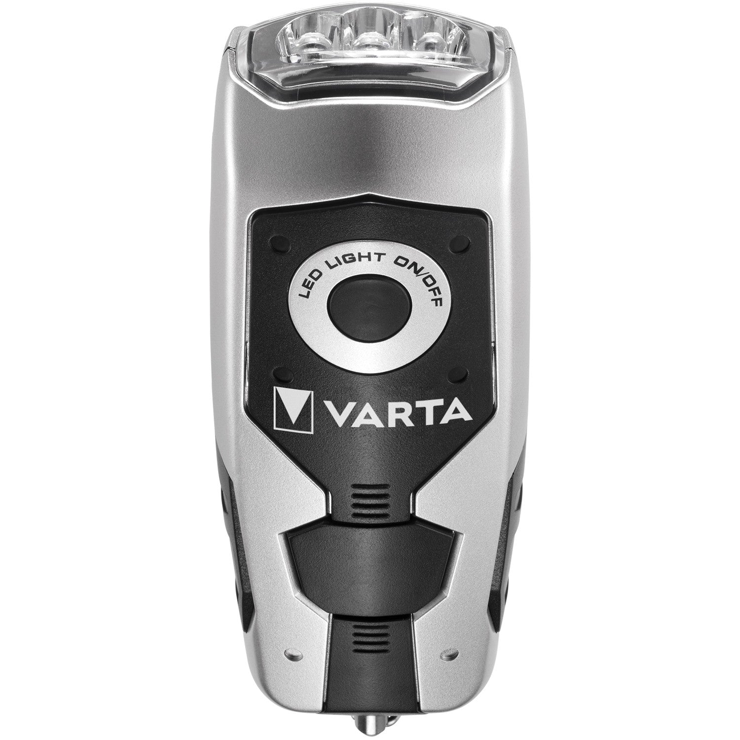 Zilveren Varta zaklamp met zwart bedieningspaneel en LED-indicator.