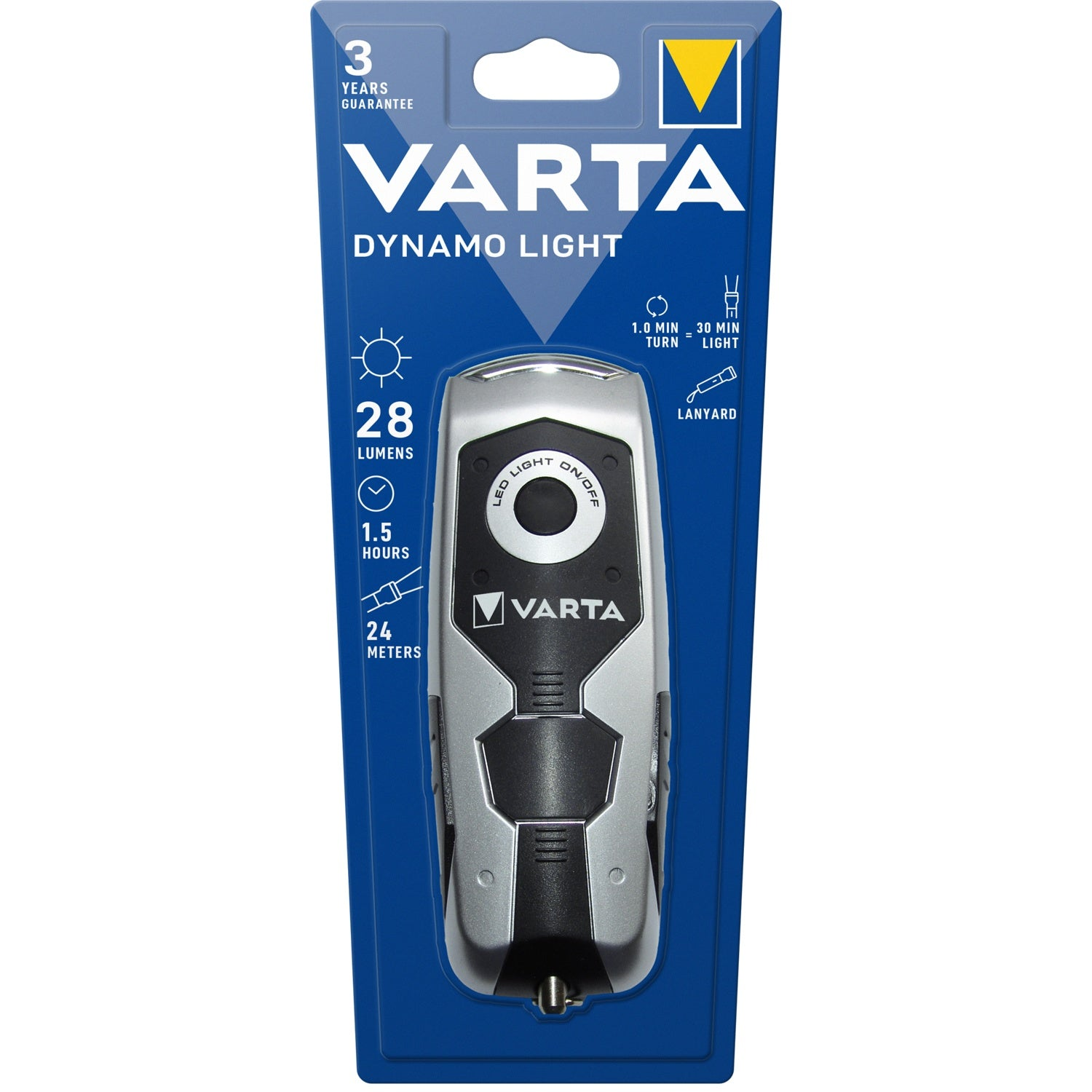 Varta dynamo zaklamp in verpakking, 28 lumen, 1,5 uur.