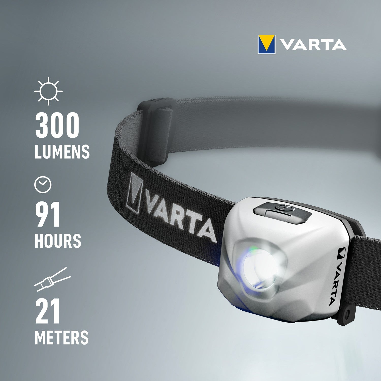Varta hoofdlamp 300 lumen, 91 uur, 21 meter. Wit en grijs.
