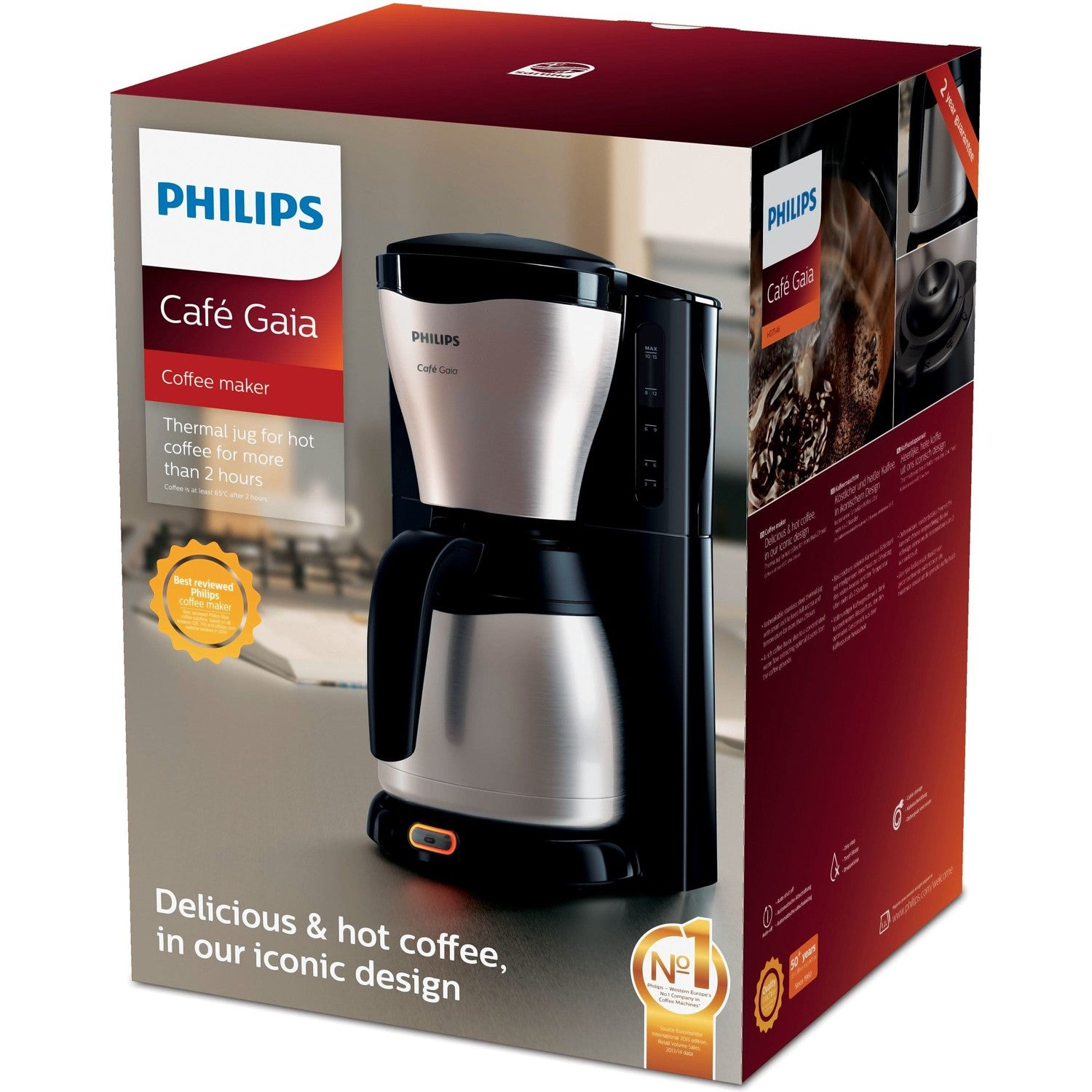 Packaging for a Philips Cafe Gaia coffee maker with a thermal jug.