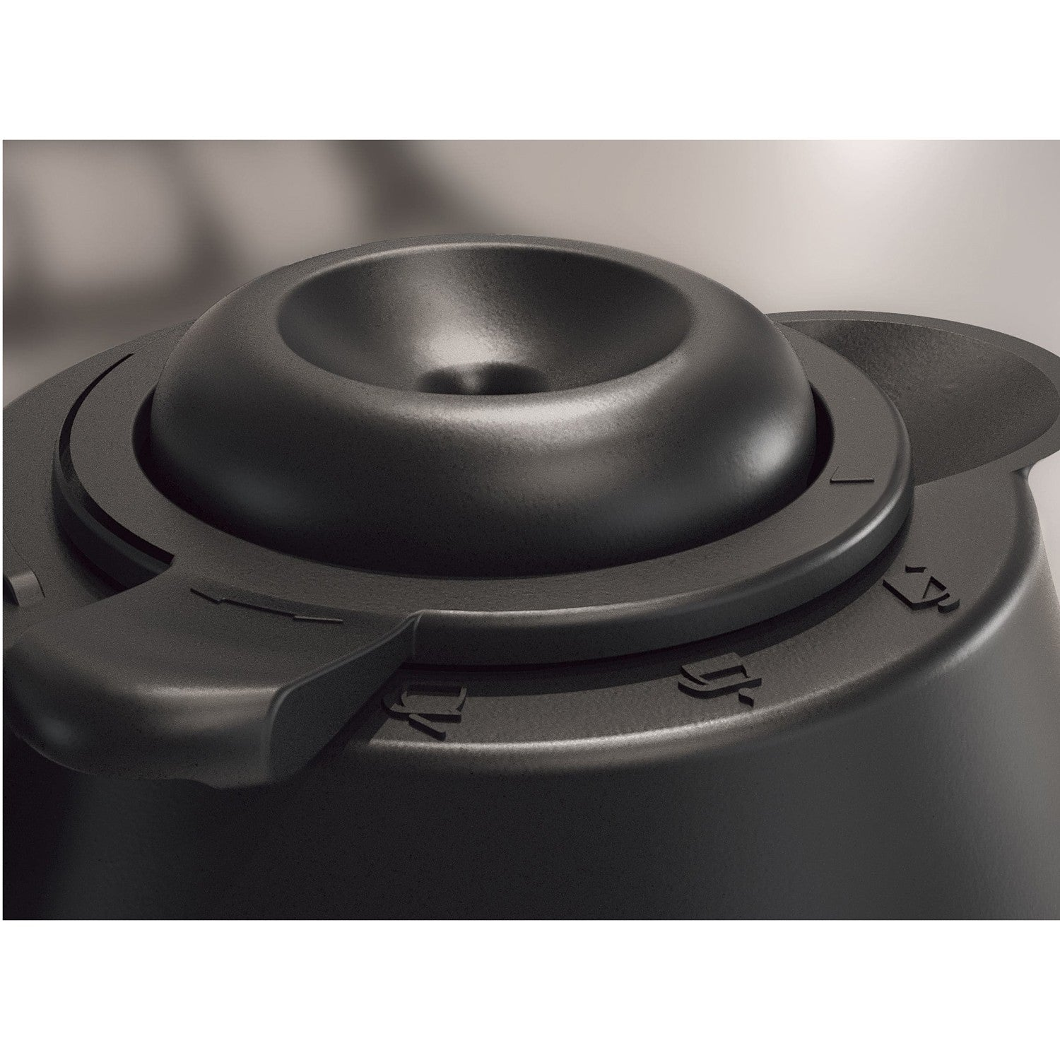 Black lid with adjustment markings and a funnel for liquids.
