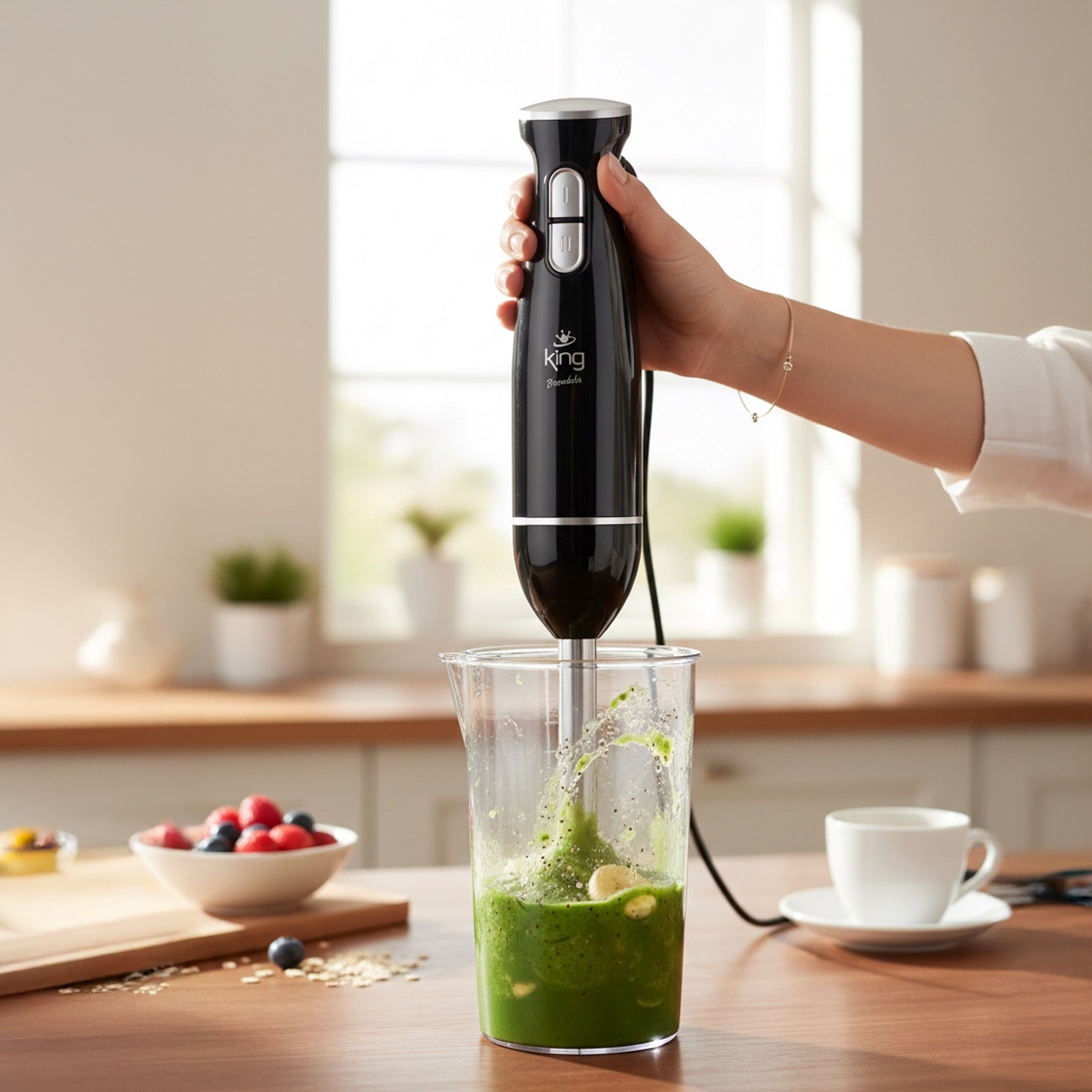 El blenderı ahşap masada bardakta yeşil smoothie karıştırıyor.