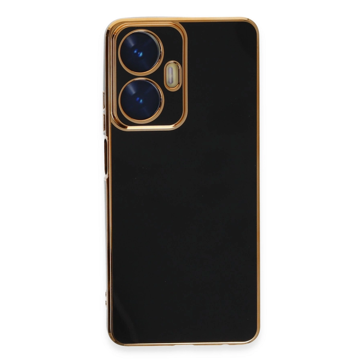 Altın kenarlı ve kamera kesimli siyah telefon kılıfı.