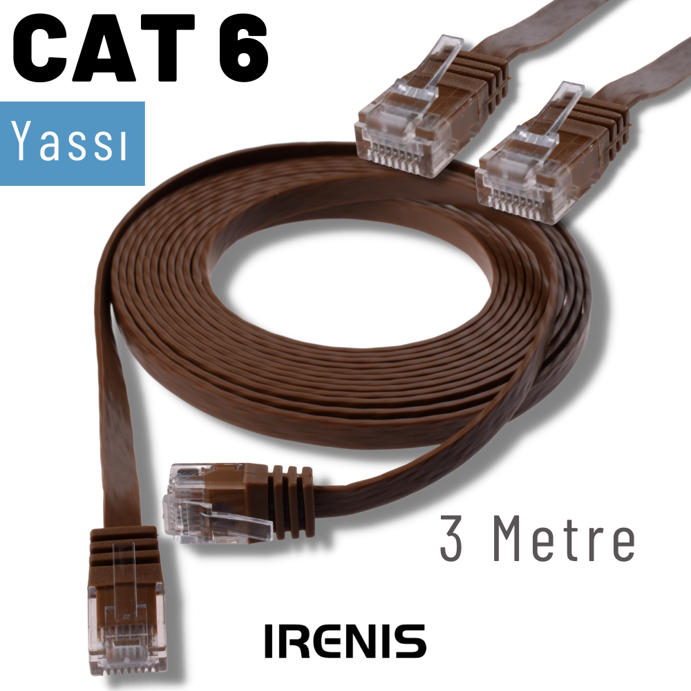 IRENIS 3 Metre CAT6 Kablo Yassı Ethernet Network Lan İnternet Ağ Kablosu