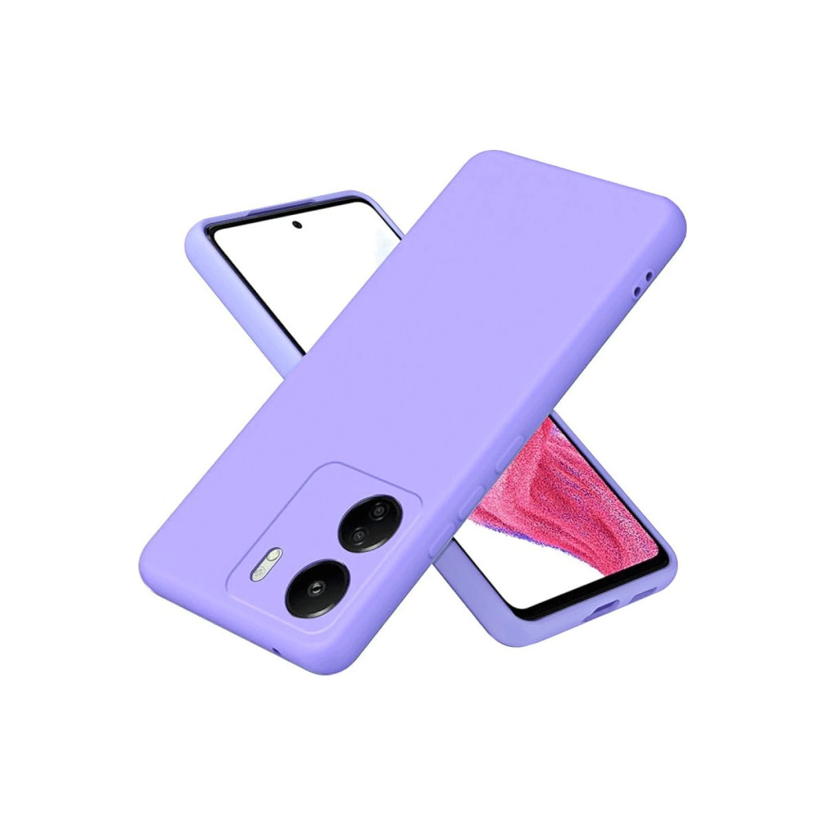 İki mor telefon kılıfı, biri iki kameralı, beyaz arka plan üzerinde.