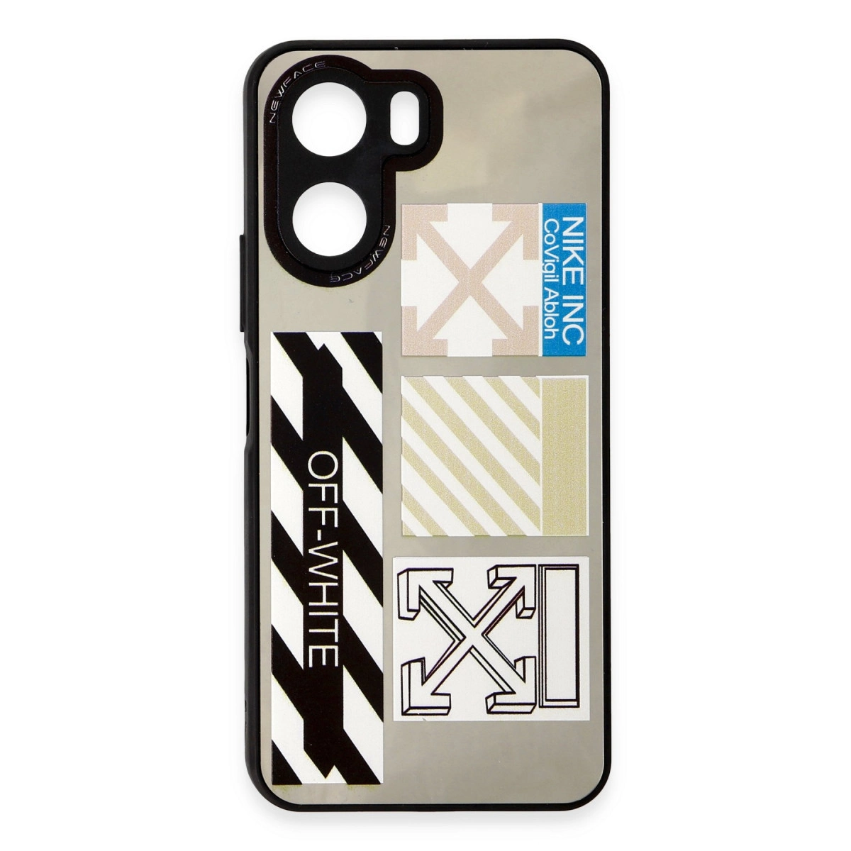Ok tasarımı ve Off-White ile Nike çıkartmaları içeren telefon kılıfı.