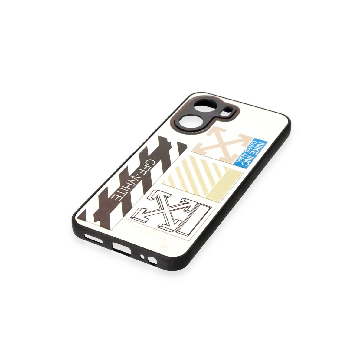 Siyah ve kahverengi çizgili, Off-White logolu beyaz telefon kılıfı.