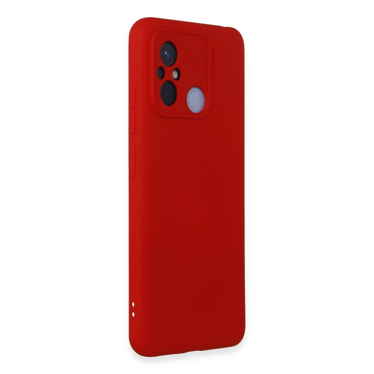 Kamera kesimli ve iki küçük yan delikli kırmızı telefon kılıfı.