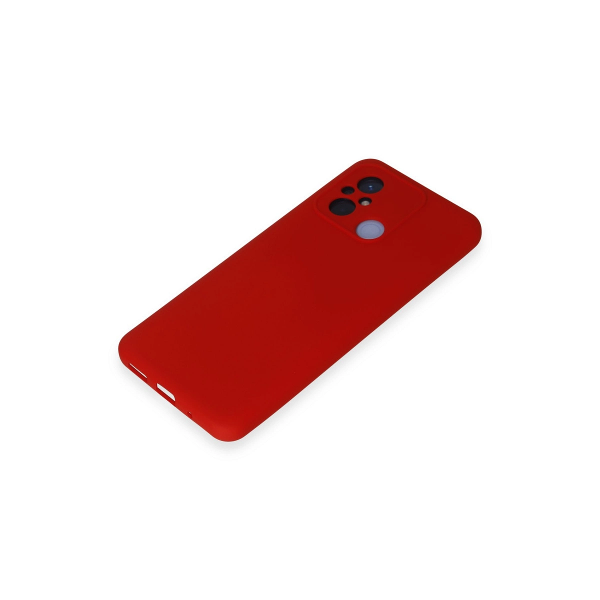 Kamera kesimli kırmızı telefon kılıfı ve mavi lens, beyaz arka planda izole edilmiş.