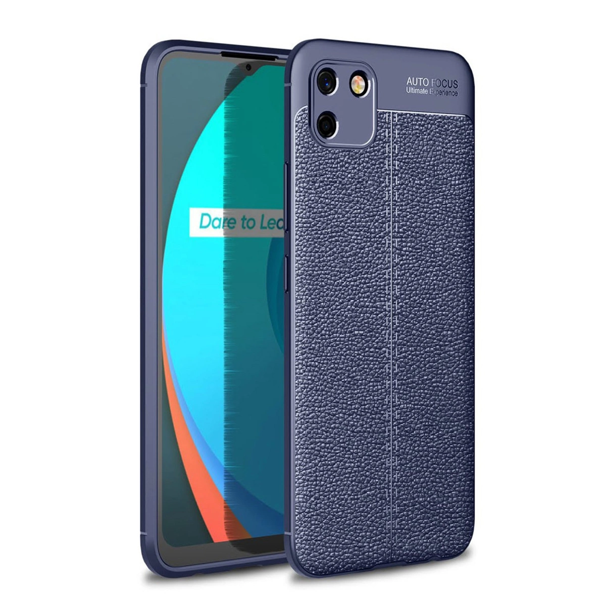 Koyu mavi, deri dokulu telefon kılıfı, kamera oyuntulu. Ekran mavi ve turuncu dalgalar gösteriyor.