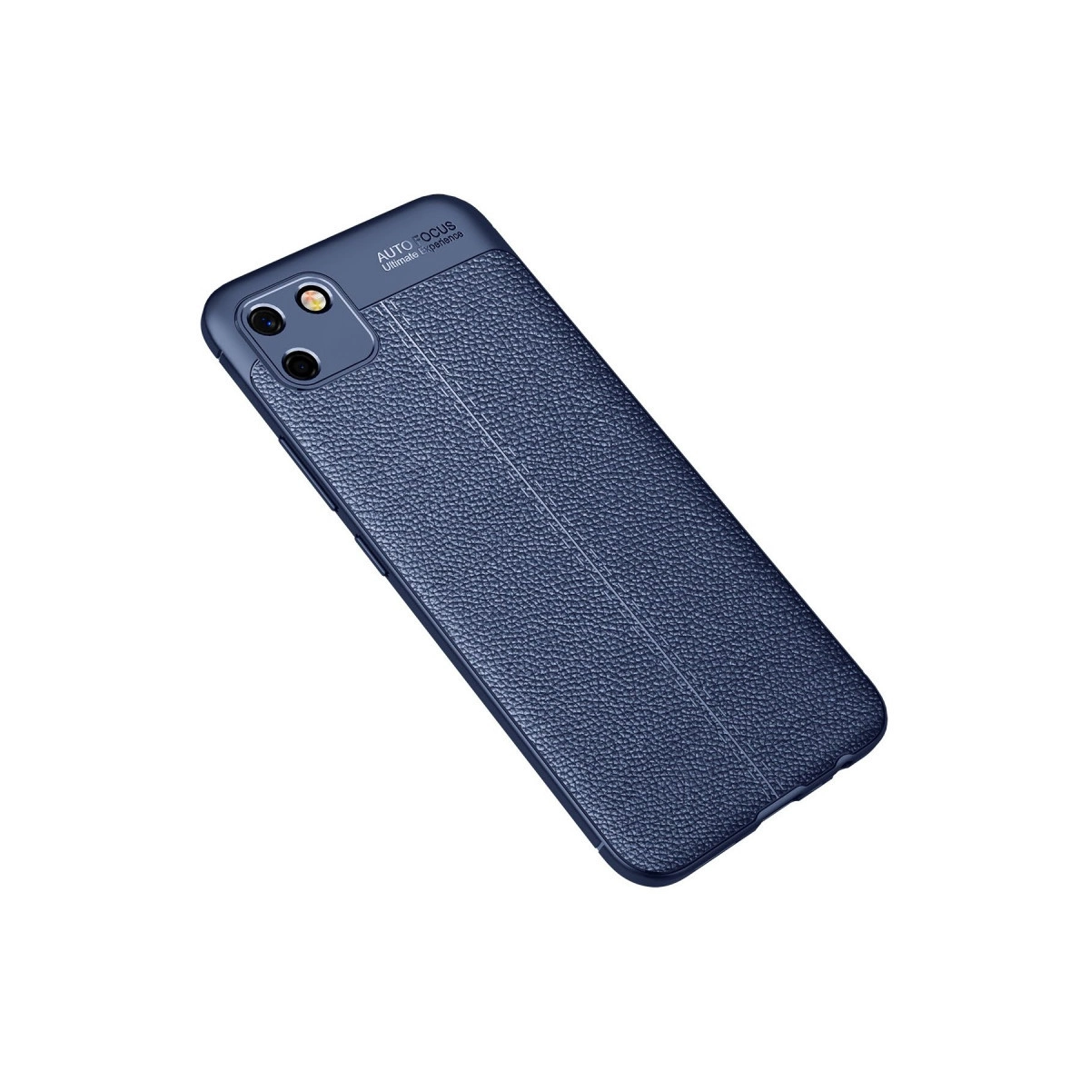Deri dokulu, iki kameralı koyu mavi telefon.