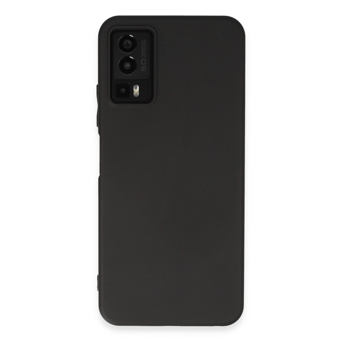 Kamera modüllü ve 50MP yazılı siyah telefon kılıfı.