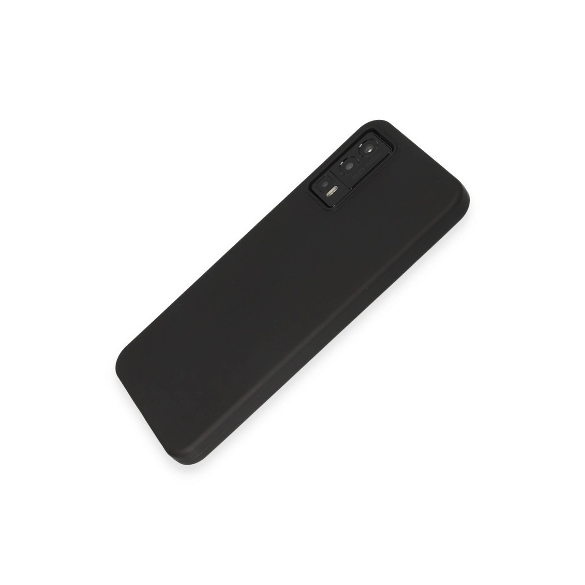 Beyaz arka plan üzerinde kamera lensli siyah telefon kılıfı.