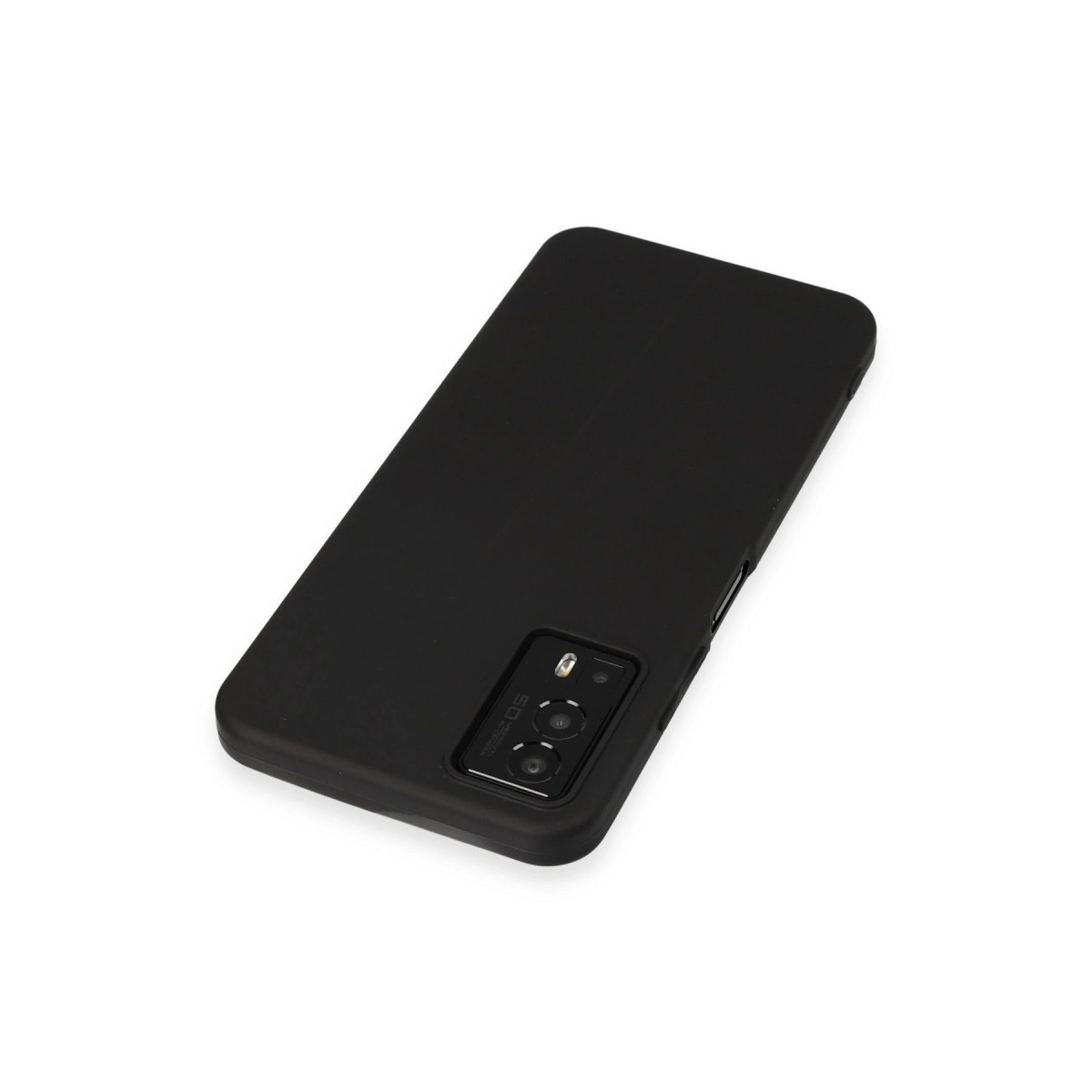 Kamera modüllü siyah akıllı telefon, beyaz zeminde.