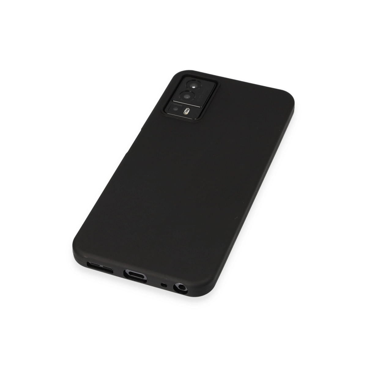 Arkada üçlü kamerası olan siyah telefon, beyaz zeminde.