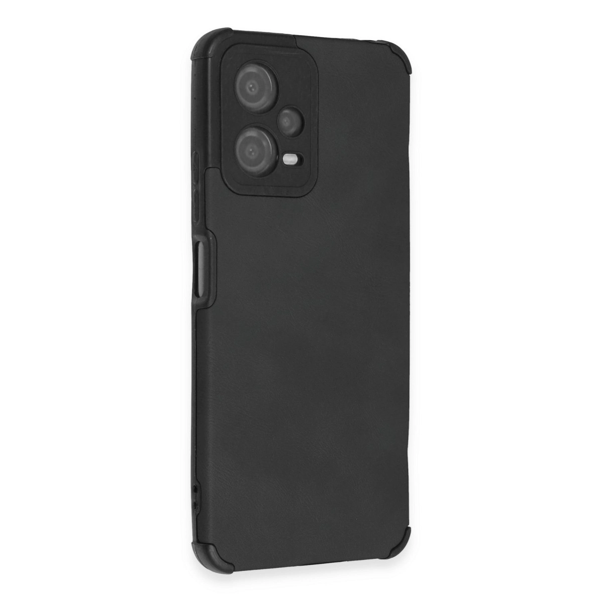 Beyaz arka plan üzerinde kamera modüllü siyah telefon kılıfı.