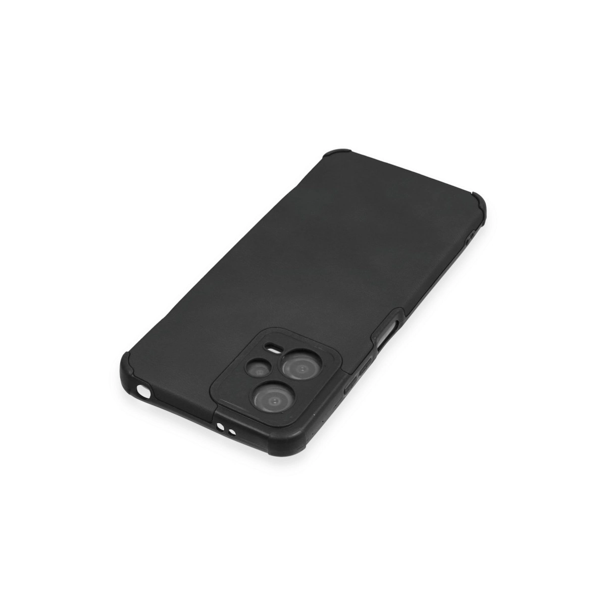 Beyaz arka plan üzerinde kamera kesimli siyah telefon kılıfı.