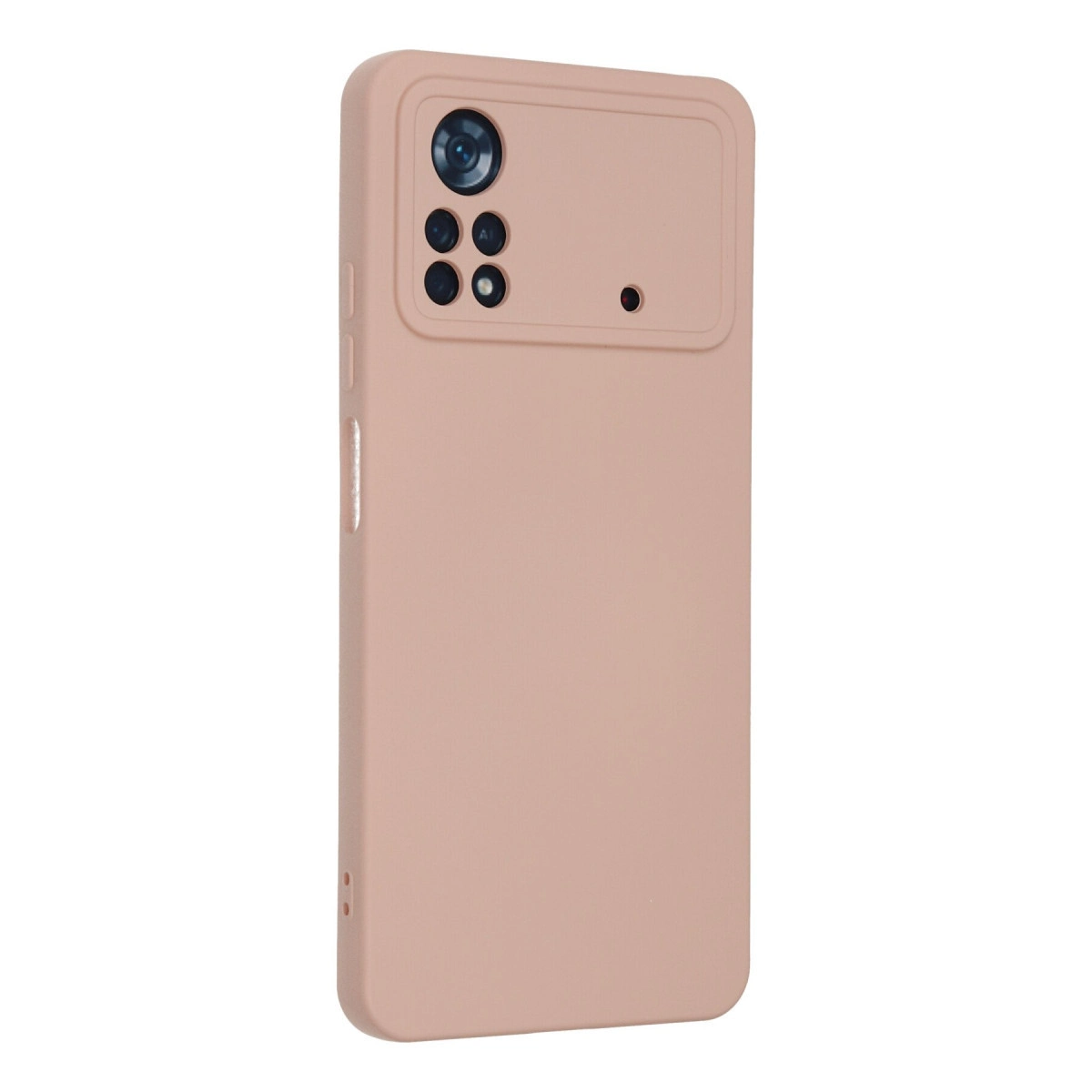 Dört lens ve flaş içeren dikdörtgen kamera modülüne sahip pembe telefon kılıfı.