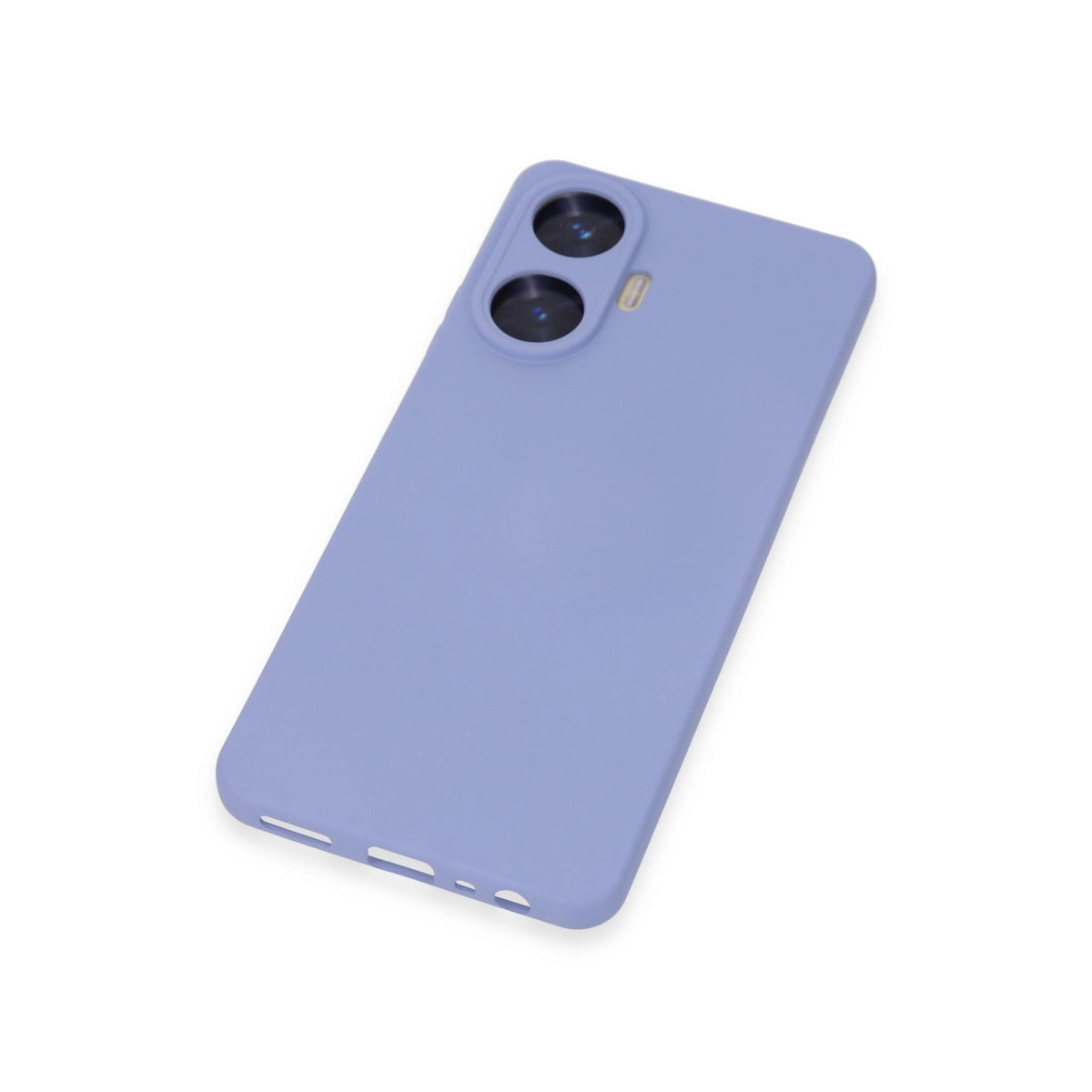 Kamera modüllü ve alt kenarda kesikleri olan mor telefon kılıfı.