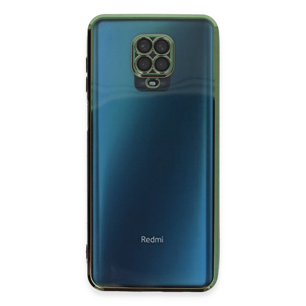 Dört kameralı koyu mavi telefonun arkası ve Redmi logosu.