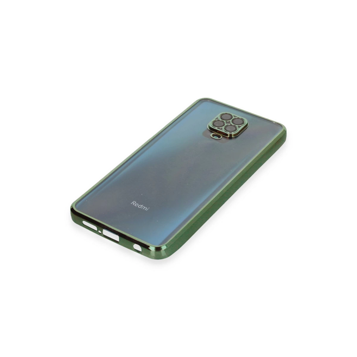 Kamera kesimli yeşil telefon kılıfı, beyaz zeminde gösteriliyor.