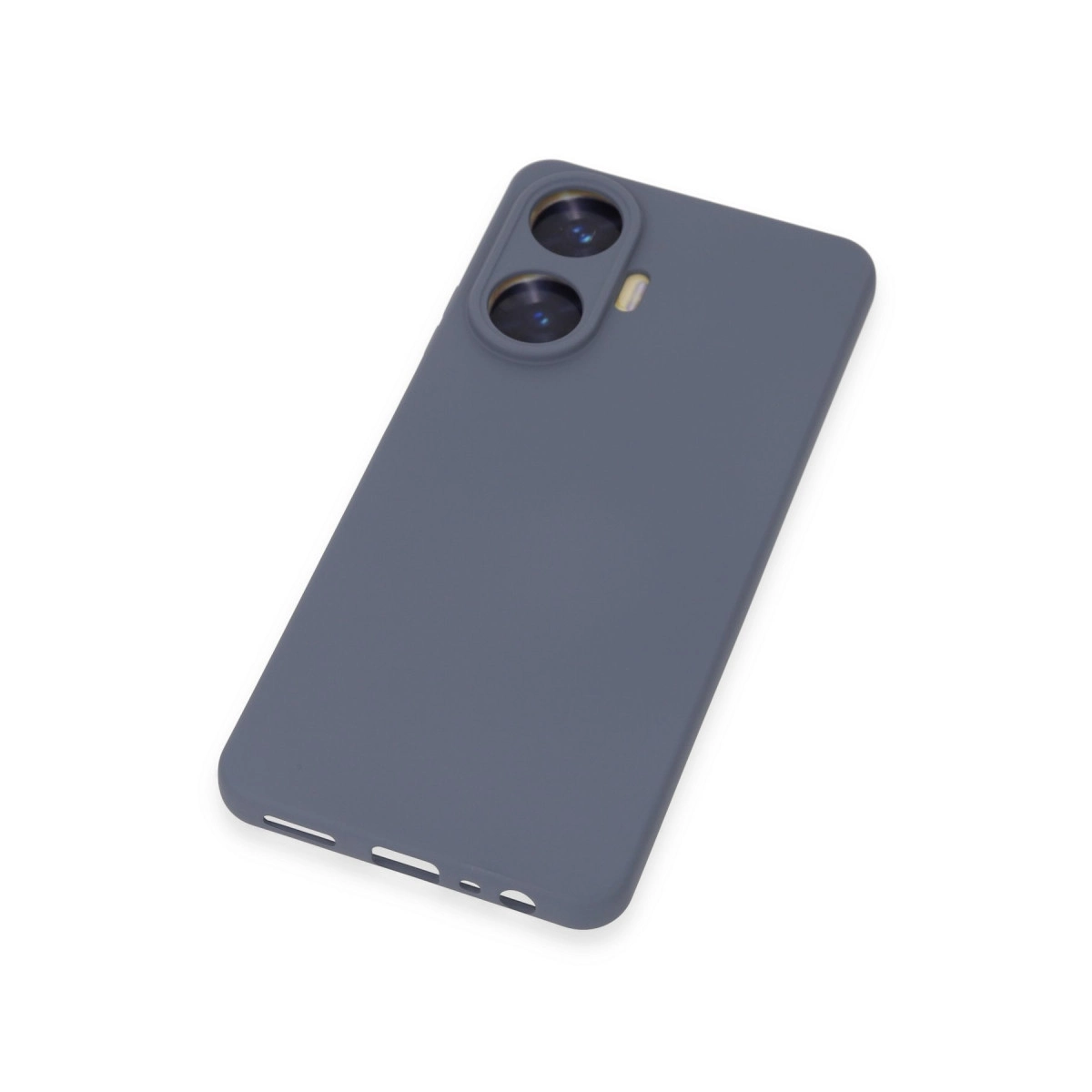 Koyu gri telefon kılıfı, iki kamera lensi ve flaşlı, beyaz zeminde.
