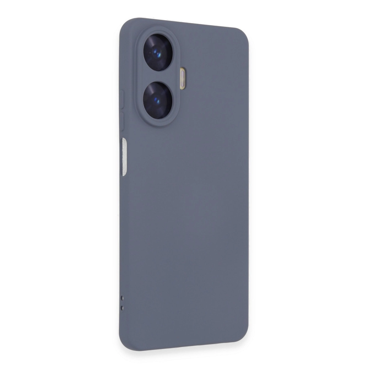 İki kamera lensli ve flaşlı gri telefon kılıfı. Beyaz arka plan.