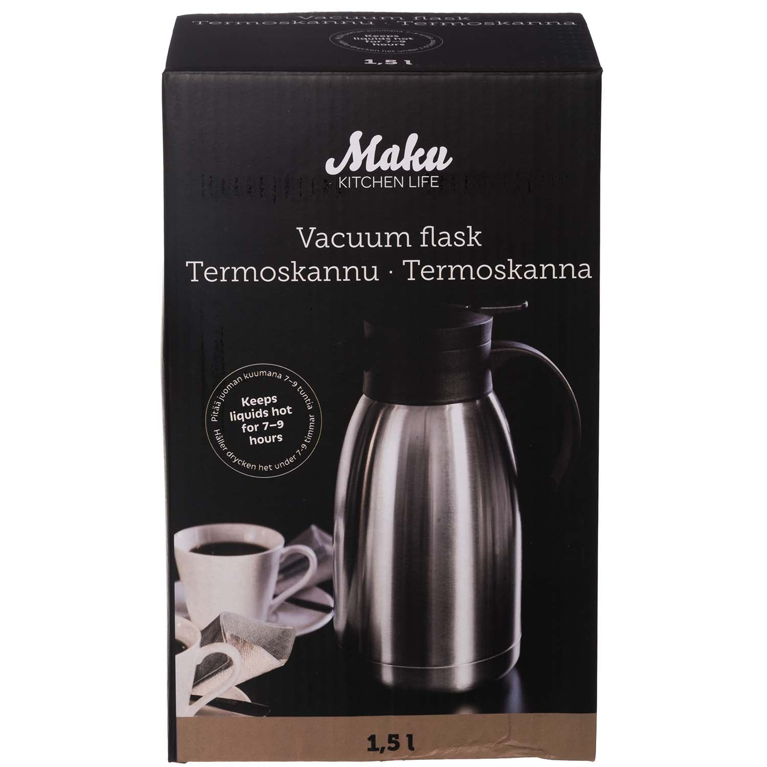 Een zilverkleurige vacuümfles met zwart handvat en deksel, naast een kop koffie.