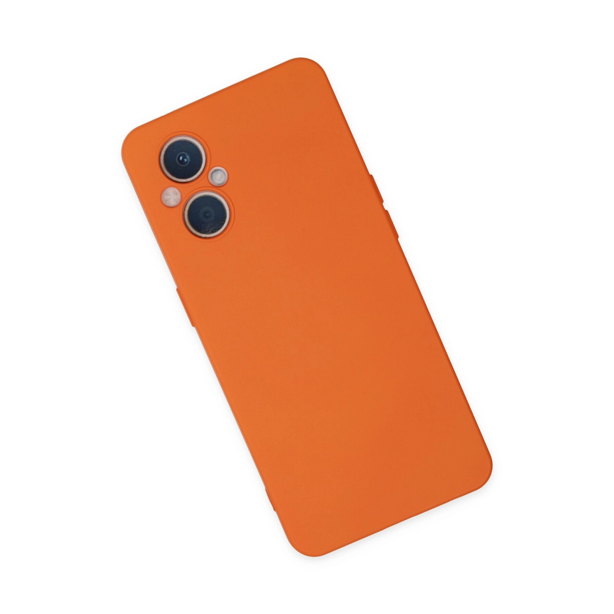 Arkada iki kamera lensi olan turuncu telefon kılıfı.