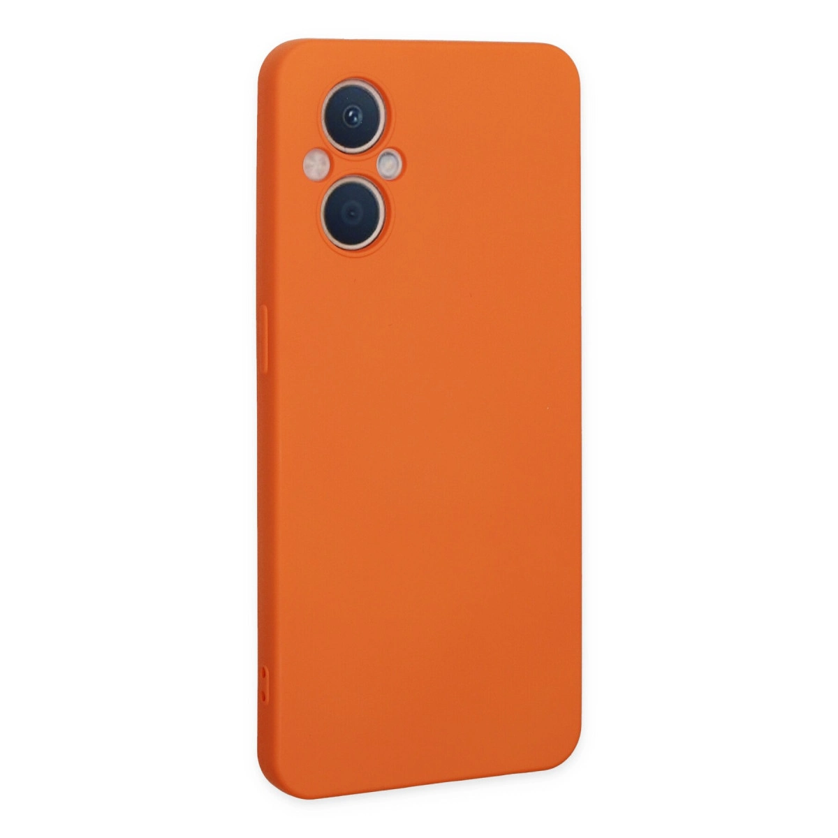 Üç kamera lensli turuncu telefon kılıfı, beyaz arka planda.