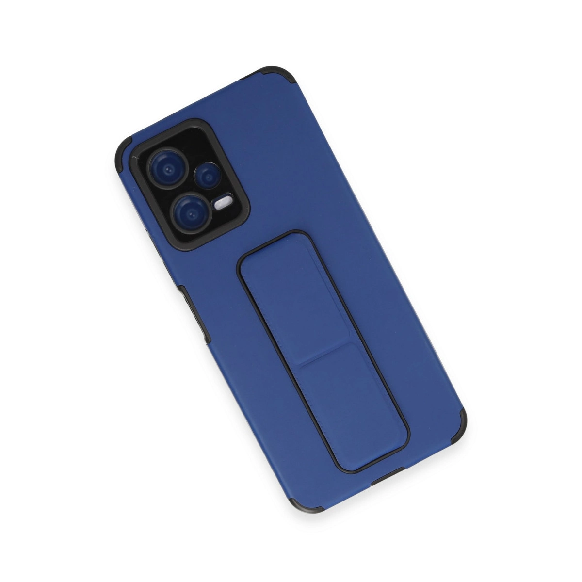 Entegre stantlı ve kamera modüllü mavi telefon kılıfı.