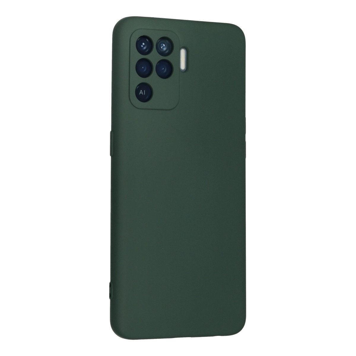 Dörtlü kamera kurulumu ve yapay zeka markalamasına sahip koyu yeşil telefon kılıfı.