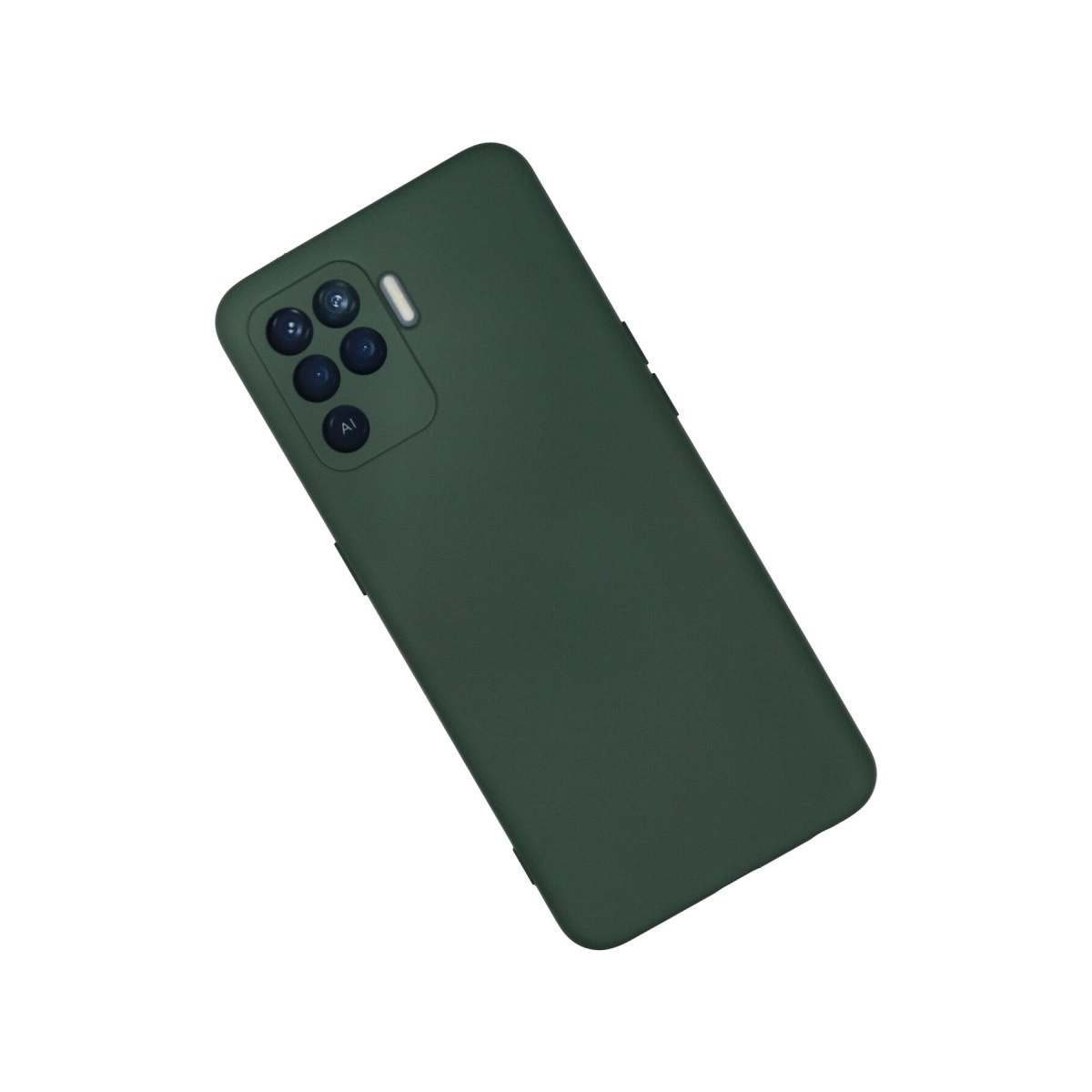 Arkada dört kamera ve flaşlı koyu yeşil telefon kılıfı.