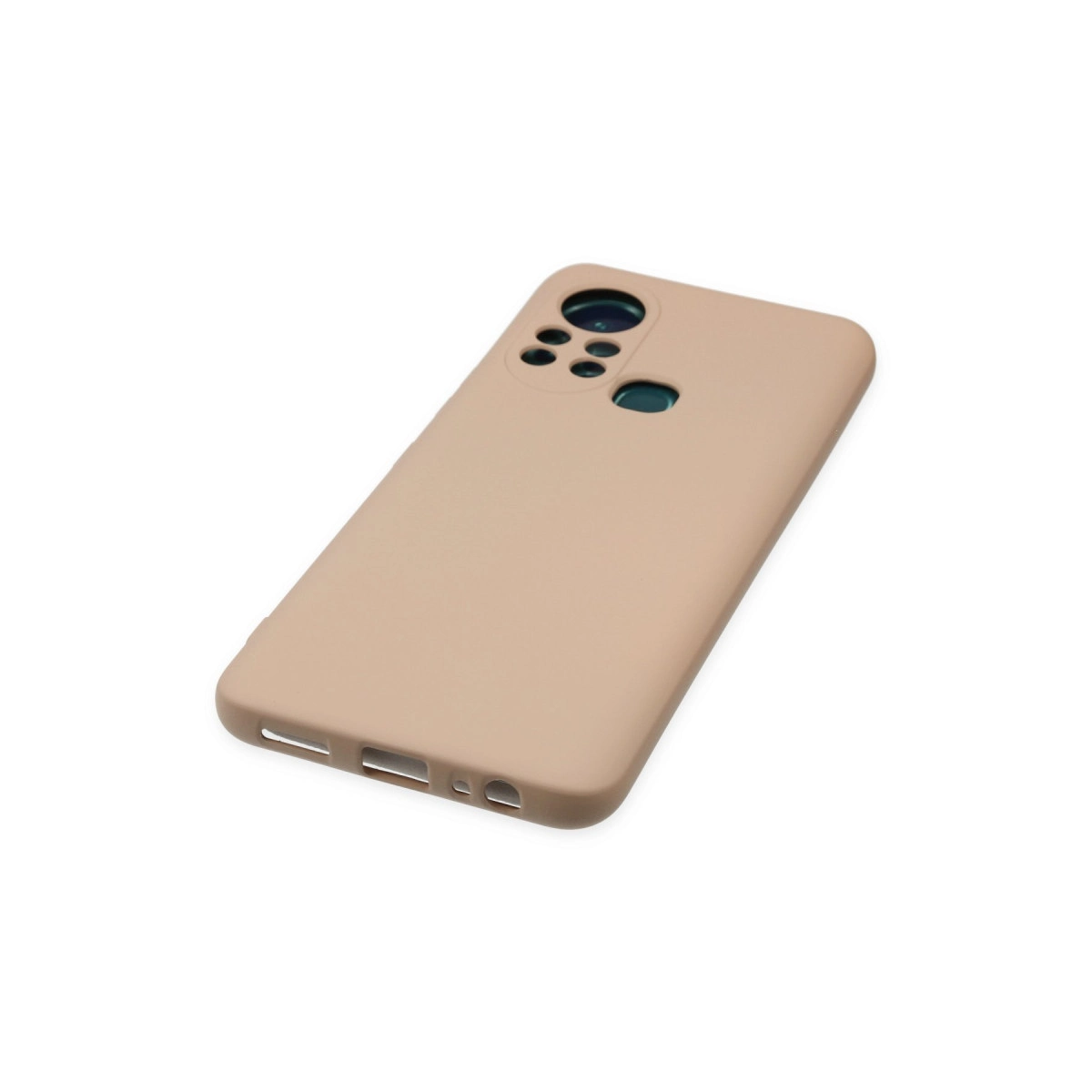 Kamera kesimi ve şarj portlu bej telefon kılıfı. Beyaz arka plan.